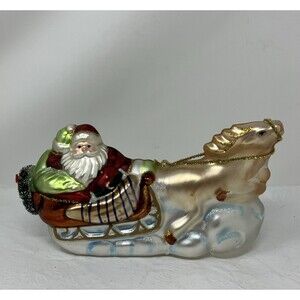 PESCHKA Hand Blown Glass Christmas Santa Sleigh Tree Gifts Reindeer Figurine 9"